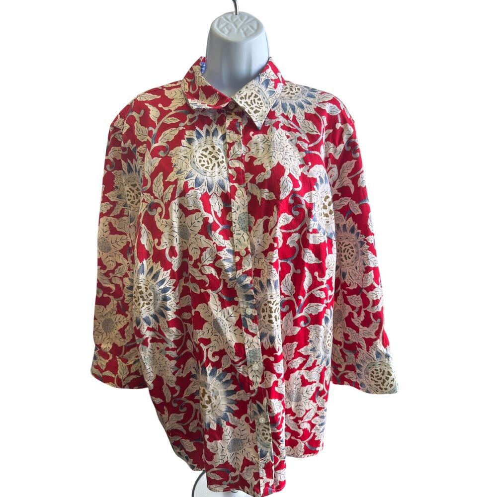 Chaps no iron xxl  red floral cotton shirt sunflower pattern cream blue  stripe